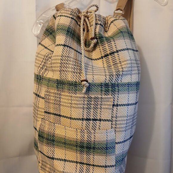 New Plaid Retro Tote Double handle Bucket Backpack Tote Bag Ivory Green School - Picture 3 of 11